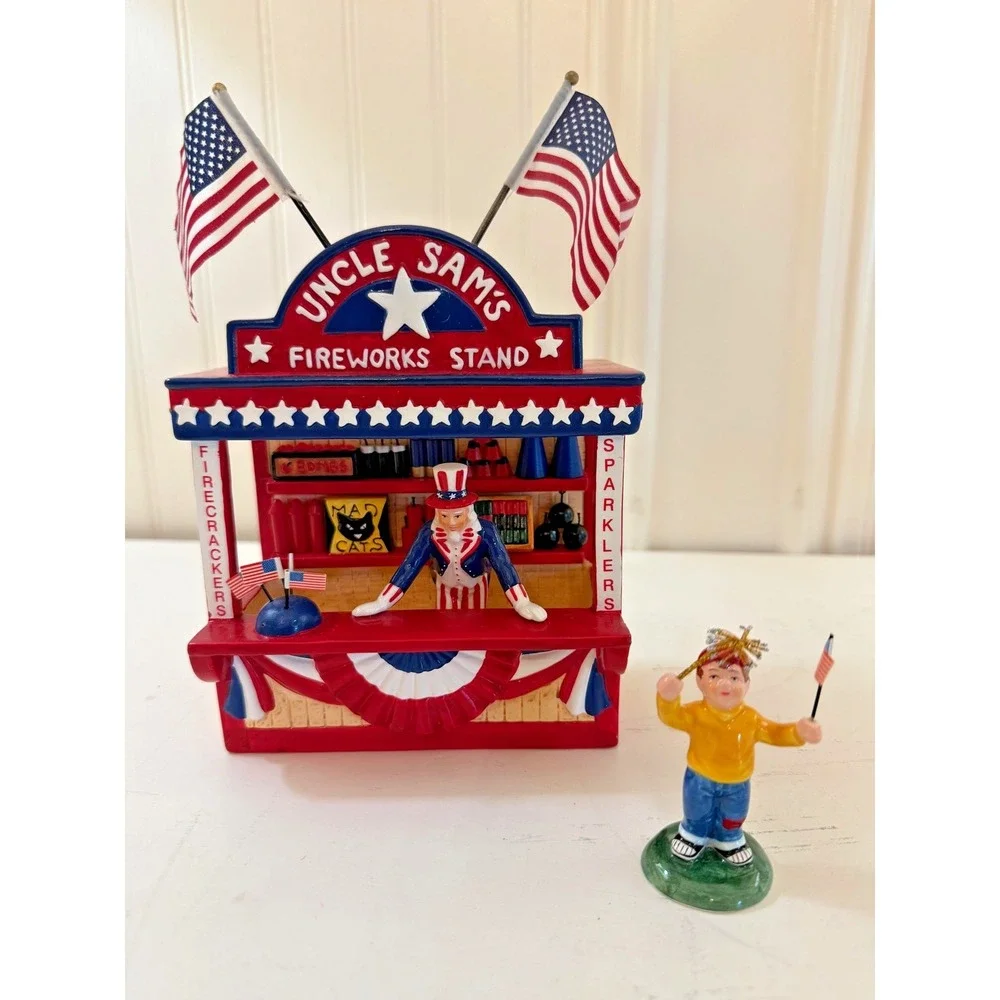 Dept 56 Uncle Sam's Fireworks Stand 2Pc Figures July 4th #54974 Retired